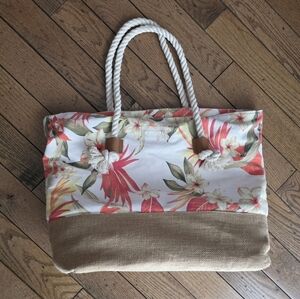 Rip Curl Floral Tote Bag - Pink and Tan Rope Jute Cotton
